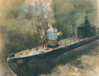 Αναπαράσταση της στιγμής που ο θάλαμος διάσωσης Mcann προσκολλάται στο βυθισμένο υποβρύχιο. Πηγή: https://wreckhunter.net/DataPages/squalus-dat.html